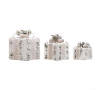 Set di 3 scatole regalo natalizie illuminate con esterno in peluche e fiocco argentato per interni ed esterni, decorazioni natalizie, bianche, grandi, medie e piccole (luminose)