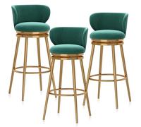 Set di 3 sgabelli da bar ad altezza bancone, con seduta in velluto verde e | Il set di sgabelli da bar ad altezza bancone comprende 3 sgabelli, ognuno con una seduta in morbido velluto verde e un'