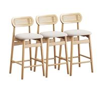 Set di 3 sgabelli da bar in rattan, sgabelli da bar moderni Mid-Century imbottiti in pelle PU, sedie da bar for isola da cucina con schienale basso in rattan, gambe in legno(Natural wood,Height 65cm)