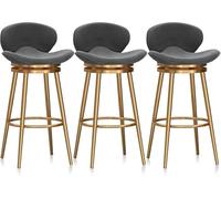 Set di 3 sgabelli imbottiti da bancone, girevoli a 360°, moderni sgabelli da isola cucina con struttura e schienale in metallo dorato, grigi, altezza bancone 65 cm.