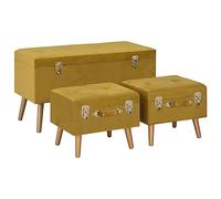 Set di 3 sgabelli in velluto giallo senape con vano portaoggetti, gambe in legno massello, versatili per camera da letto, corridoio e ingresso, comoda seduta, pratico mobile
