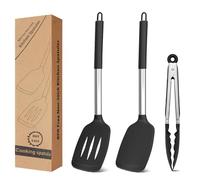 Set di 3 spatole e pinze da cucina, in silicone, con manico in acciaio inox, resistente al calore e antiaderente, pinza da cucina e spatola forata, colore nero