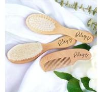 Set di 3 spazzole per capelli in legno con nome e spazzola per capelli e pettine per neonati, in legno naturale