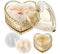 Set di 3 spugnette per cipria con contenitore in vetro a forma di cuore, barattolo giallo per trucco in morbido peluche, lavabili e riutilizzabili, per trucco bagnato e asciutto