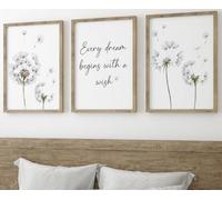 Set di 3 Stampe Artistiche da Parete Con Citazione del Dente di Leone, Decorazione Vegetale per Soggiorno, Camera da Letto e Casa, Every Dream Begins With a Wish (A4)