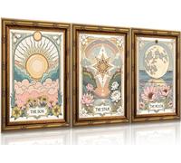 Set di 3 stampe artistiche da parete con sole e luna, stile vintage, mistico, tarocchi mistici, astrologia, decorazione da parete con stelle, dipinti celesti, quadri bohémien, su tela, stampe