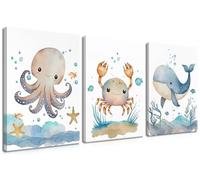 Set di 3 stampe artistiche da parete per cameretta dei bambini, motivo: animali marini e bambini, stampa su tela, per camera da letto, 30 x 40 cm, con cornice