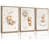 Set di 3 stampe artistiche da parete senza cornice, motivo: orsacchiotto che dorme sulla luna e stelle, stampa su tela neutra, per la cameretta dei bambini, 20,3 x 30,5 cm