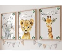 Set di 3 stampe senza cornice di animali safari per cameretta dei bambini, decorazione murale per cameretta dei bambini, giraffa, elefante, leone, "Stai dritto, sogna in grande, sii coraggioso"