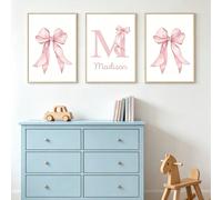 Set di 3 stampe su tela personalizzate con fiocco, acquerello rosa, nome del bambino e lettera, poster impermeabili senza cornice per cameretta da bambina, camera dei bambini e camera da letto 3 pezzi