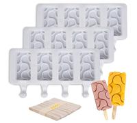 Set di 3 stampi per ghiaccioli, in silicone, 4 cavità, gelato, acqua, ondulazione, cake pop, con 50 bastoncini di legno per ghiaccioli fai da te