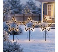 Set di 3 stelle luminose in metallo, con 30 LED con timer, 21 cm, luce natalizia per aiuole in oro morbido, illuminata con picchetto, funzionamento a batteria, illuminazione natalizia per esterni