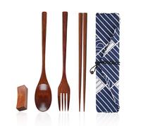 Set di 3 stoviglie in legno, 1 sacchetto di stoffa, 1 supporto per bacchette, set di stoviglie portatili, bacchette, cucchiai, forchette in legno, adatto per picnic, pranzo in ufficio