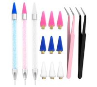 Set di 3 strumenti per raccogliere strass con 9 punte di cera, 2 pinzette e 3 penne a doppia estremità, matite di cera per strass e gemme, strumento per nail art fai da te, design bianco, rosa, blu
