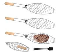 Set di 3 supporti per barbecue con manico in legno, 63 x 12 cm, grandi arrosti per pesce, con manico in metallo, paletta per pesce, per barbecue e barbecue
