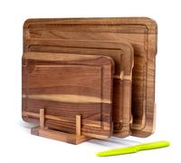 Set di 3 Taglieri in Legno di Acacia con Scanalatura per Succo, Supporto e Coltello da Frutta in Omaggio, Tagliere Doppio Lato per Carne, Verdure e Formaggio.