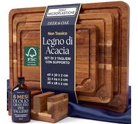 Set di 3 taglieri in legno di acacia pre-oliati, atossici, con supporto, certificati FSC, include olio da 100 ml, taglieri in legno di 3 dimensioni per casa, barbecue, cucine Deer & Oak