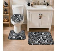 Set di 3 tappeti da bagno a forma di scheletro, fantasiosi spettrali zucche luna, Halloween, neri, ad asciugatura rapida, assorbenti, a forma di U, per vasca, vasca da bagno, doccia, decorazione