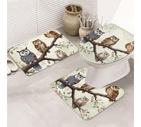 Set di 3 tappeti da bagno a forma di U con gufi su un ramo + tappetini da bagno antiscivolo in microfibra + tappetino per copriwater, morbidi tappeti da bagno assorbenti per la decorazione della casa