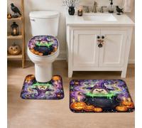 Set di 3 tappeti da bagno a tema Halloween con riccio strega | Tappeto da bagno a tema strega, morbida flanella, decorazione per il bagno stagionale, divertenti accenti autunnali