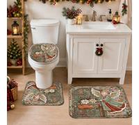 Set di 3 tappeti da bagno a tema invernale con angelo fantasioso | Stella di Natale accenti floreali, tappetino da bagno, motivo rustico in legno, superficie morbida, decorazione per la casa