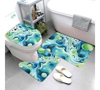 Set di 3 Tappeti da Bagno,Blue Green Irregular Antiscivolo Copertura per WC Asciugatura Rapida Tappetino a Forma di U per Bagno WC Vasche