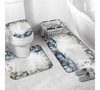 Set di 3 Tappeti da Bagno,Blue Pumpkin Rustic Harvest Thanksgiving Maple Leaves Lavabili Tappetini Per WC Traspiranti Tappetino girowater a Forma di U per WC Bagno Vasche