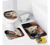 Set di 3 Tappeti da Bagno,Cat Peeks Out of Zippered Leather Pocket Antiscivolo Coperchio del WC Asciugatura Rapida Tappeto a Forma di U per Bagno WC Vasche