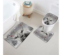 Set di 3 Tappeti da Bagno,Christmas Funny Highland Cow Snowflake Red Bird Pine Tree Pelosi Coperchio del WC Traspiranti Tappetino girowater a Forma di U per Vasche Docce WC