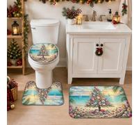 Set di 3 tappeti da bagno con conchiglie e conchiglie costiere | Tappeto per WC a tema costiero, opera d'arte sulla spiaggia, decorazione tropicale per le vacanze, superficie assorbente