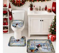 Set di 3 tappeti da bagno con immagine di cane e cardinale invernale | Scena invernale con finestra, tappetino da doccia, ritratto di cane papillon, uccello cardinale, glorie mattutine in vaso