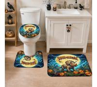 Set di 3 tappeti da bagno con leone, fantasiosi e festivi zucche, scheletro, Halloween, arancione, antiscivolo, lavabile, set di tappetini da bagno per vasca, doccia, decorazione