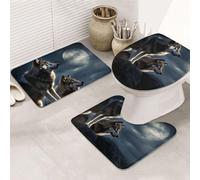 Set di 3 tappeti da bagno con motivo lupi al chiaro di luna, tappetino per WC a forma di U, tappetini da bagno antiscivolo in microfibra + copriwater, morbidi e assorbenti, decorazione per la casa