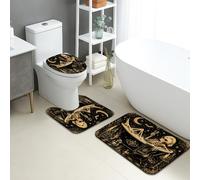 Set di 3 tappeti da bagno con scheletro, fantasiosi e giocosi lunari e stelle, per Halloween, neri, antiscivolo, lavabili, per WC, decorazione per pavimento