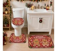 Set di 3 tappeti da bagno con scritta "Merry Christmas" e biscotti di pan | Coppia di pan di zenzero, tappetino da bagno, testo script vacanza, morbida flanella, sfondo rosso festivo