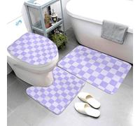 Set di 3 tappeti da bagno con stampa a scacchi viola pastello - tappetini da bagno assorbenti antiscivolo lavabili, copriwater a forma di U, tappetino contorno, morbido tappetino da doccia tappetino