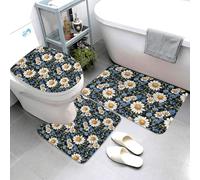 Set di 3 tappeti da bagno con stampa di margherite blu e bianche, tappetini da bagno assorbenti, antiscivolo, lavabili, copriwater a forma di U, tappetino per contorno, morbido tappetino da doccia