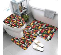 Set di 3 tappeti da bagno con stampa di pappagalli rossi con piante tropicali, tappetini da bagno assorbenti antiscivolo lavabili, copriwater a forma di U, tappetino per contorno, morbido tappetino da