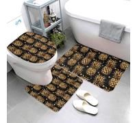 Set di 3 tappeti da bagno con stampa tropicale di ananas dorata, assorbente, antiscivolo, lavabile, a forma di U, tappetino per il contorno del WC, morbido tappetino da doccia, tappetino da bagno per