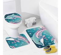 Set di 3 Tappeti da Bagno,Cute Dolphin Snowflake Pelosi Coperchio del WC Asciugatura Rapida Tappetino girowater a Forma di U per Vasche Bagno WC