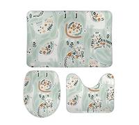 Set di 3 Tappeti da Bagno Cute Flower Animals Green Antiscivolo Coperchio del WC Asciugatura Rapida Tappetino girowater a Forma di U per Bagno Docce