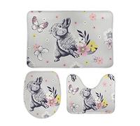 Set di 3 Tappeti da Bagno Cute Little Rabbit Hand Drawn Style Lavabili Copertura per WC Comodi Tappeto a Forma di U per Vasche Docce
