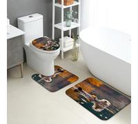 Set di 3 Tappeti da Bagno,Cute Playful Bank Beaver Floating with Pumpkin Autumn Cozy Pelosi Tappetini Per WC Antiscivolo Tappeto a Forma di U per Bagno WC Docce