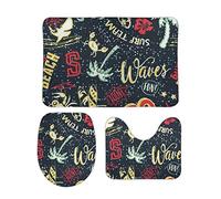 Set di 3 Tappeti da Bagno Cute Surf Beach Cartoon Elements Patchwork Antiscivolo Coperchio del WC Comodi Tappeto a Forma di U per Vasche Bagno