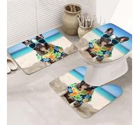 Set di 3 tappeti da bagno estivi con bulldog francese, tappetino da bagno a forma di U, tappetini da bagno in microfibra antiscivolo + tappetino per copriwater, morbido tappeto assorbente per la