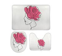 Set di 3 Tappeti da Bagno Face Rose Line Painting Pink Antiscivolo Copertura per WC Asciugatura Rapida Tappetino a Forma di U per Docce Vasche