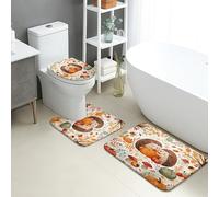 Set di 3 Tappeti da Bagno,Fall Cute Hedgehogs and Pumpkins Autumn Flowers Lavabili Copertura per WC Pelosi Tappeto a Forma di U per Bagno WC Vasche