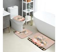 Set di 3 Tappeti da Bagno,Fall Vintage Pumpkin Flowers Rustic Checkered Antiscivolo Copertura per WC Asciugatura Rapida Tappeto a Forma di U per Docce WC Bagno