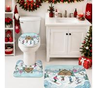 Set di 3 tappeti da bagno invernali per sciatori di montagna | Tappeto da bagno a tema sport invernali, con illustrazione della cabina di montagna, decorazione per il bagno stagionale