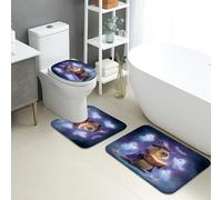 Set di 3 Tappeti da Bagno,Magical Cute Wizard Animals Themed Lavabili Copertura per WC Antiscivolo Tappetino girowater a Forma di U per WC Vasche Bagno
